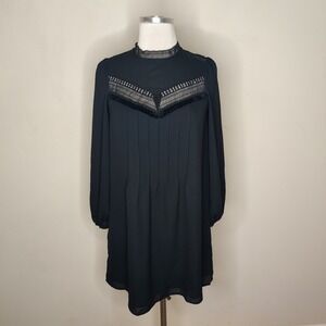 Ann Taylor Dress Long Sleeve Lace Inset Fringe Pleated